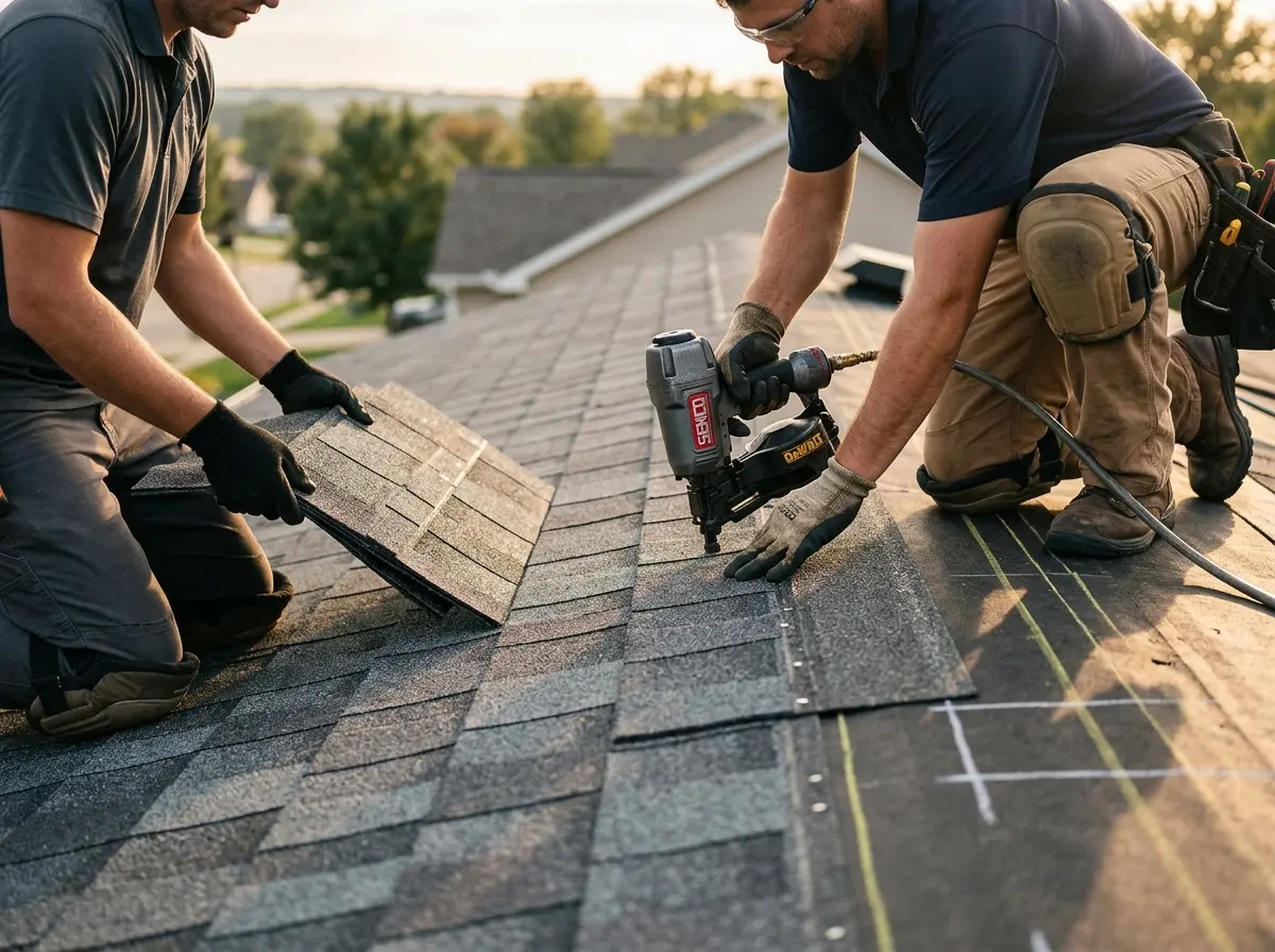 Professional roofer working on a residential roof in Dyer